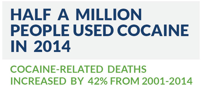 2001-2014, cocaine-related deaths increased by 42%, with approximately half a million using the drug in 2014