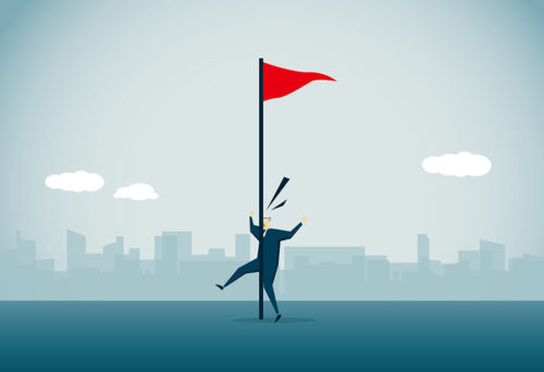 cartoon man walking into a pole with a red flag