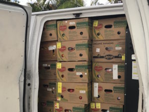 A Beach House van with its doors open showing the back filled with fresh produce.