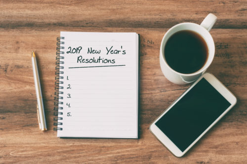 A table with a phone, cup of black coffee and notepad on it. On the notepad it says '2019 New "Year's Resolutions'