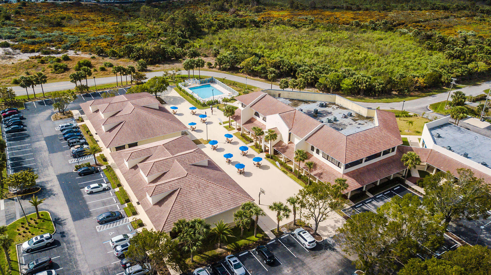 An aerial view of Beach House Recovery Center on a sunny day