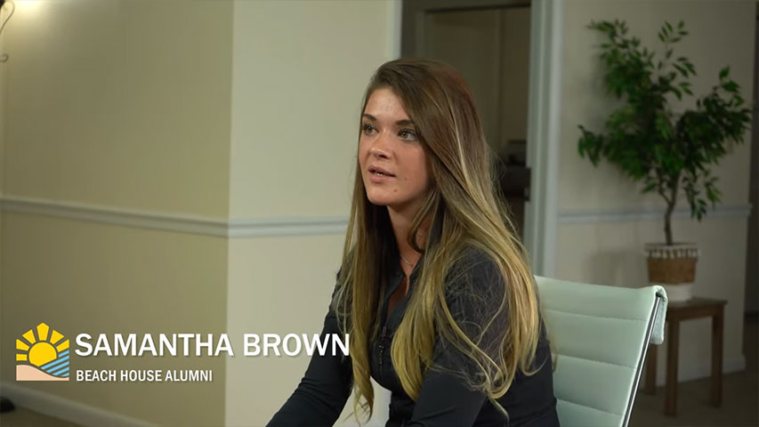 A screenshot of Beach House alumni Samantha Brown. Her name and the Beach House logo are displayed in the botom left.