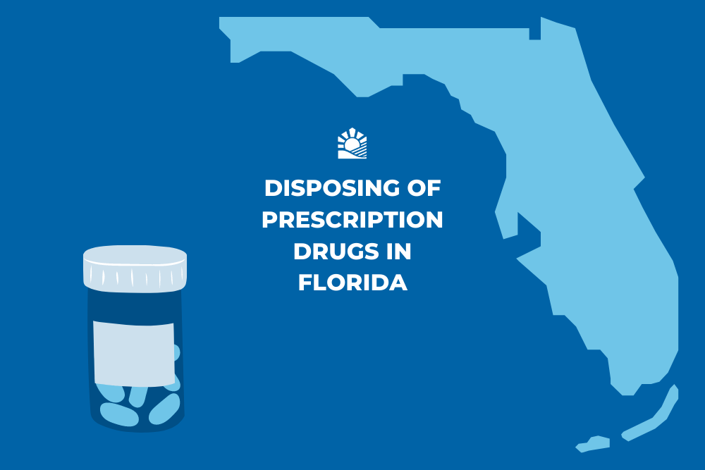 A blue graphic of the map of florida and a pill bottle with the phrase 'Disposing of prescription drugs in Florida' and the Beach House logo in white.