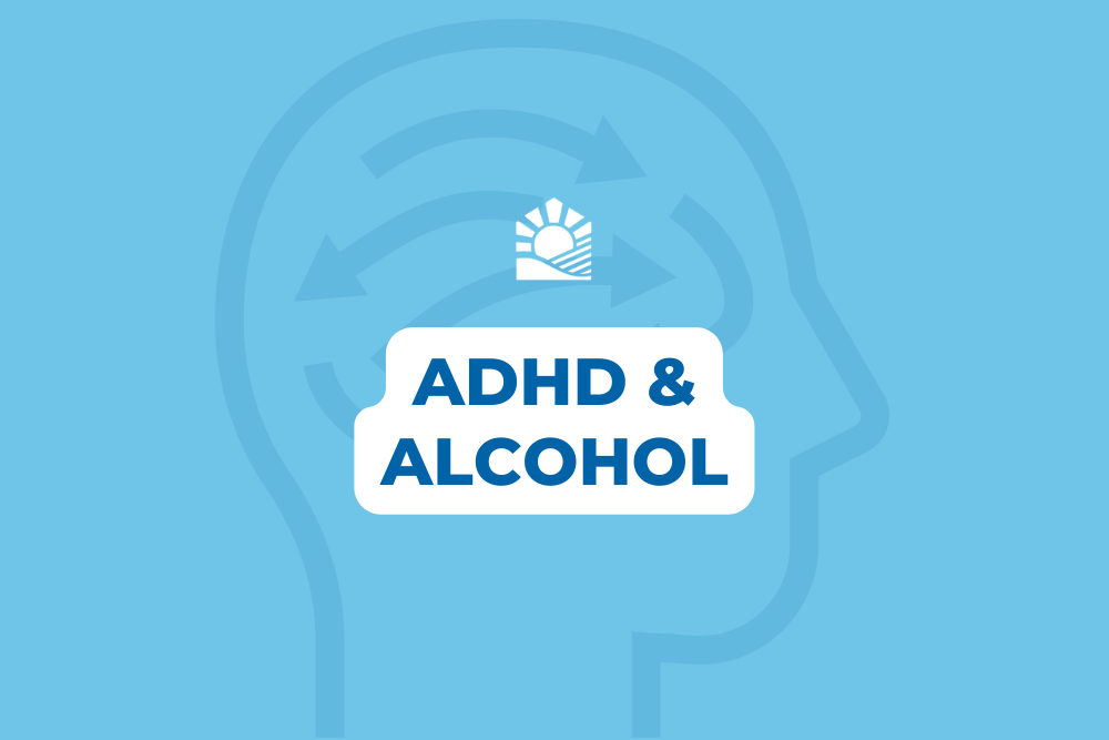 A blue banner with the phrase 'adhd and alcohol' and the Beach House logo in white.