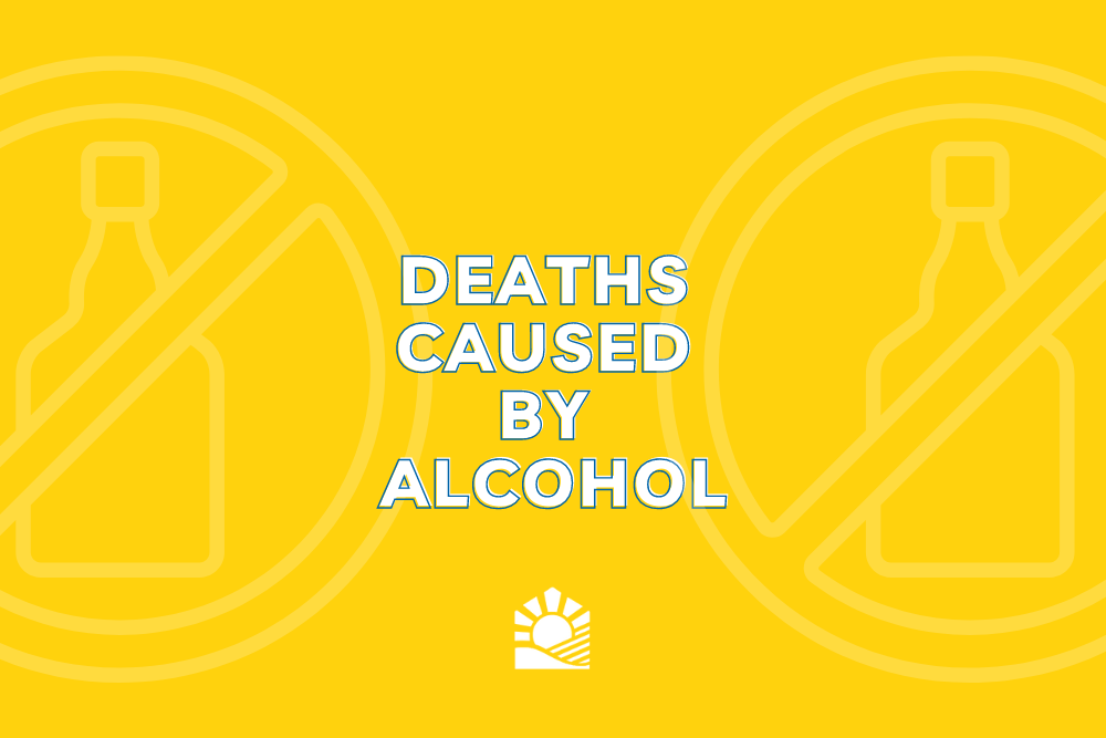 A yellow banner with the phrase 'Deaths caused by alcohol' and the Beach House logo in white.