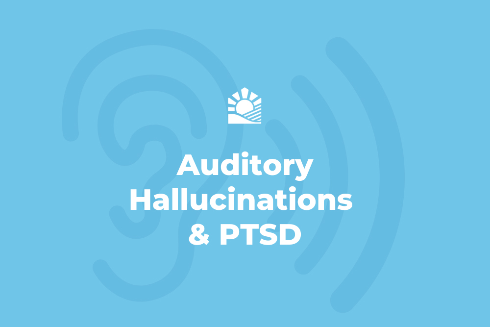 A blue banner with the phrase 'auditory hallucinations and PTSD' and the Beach House logo in white.