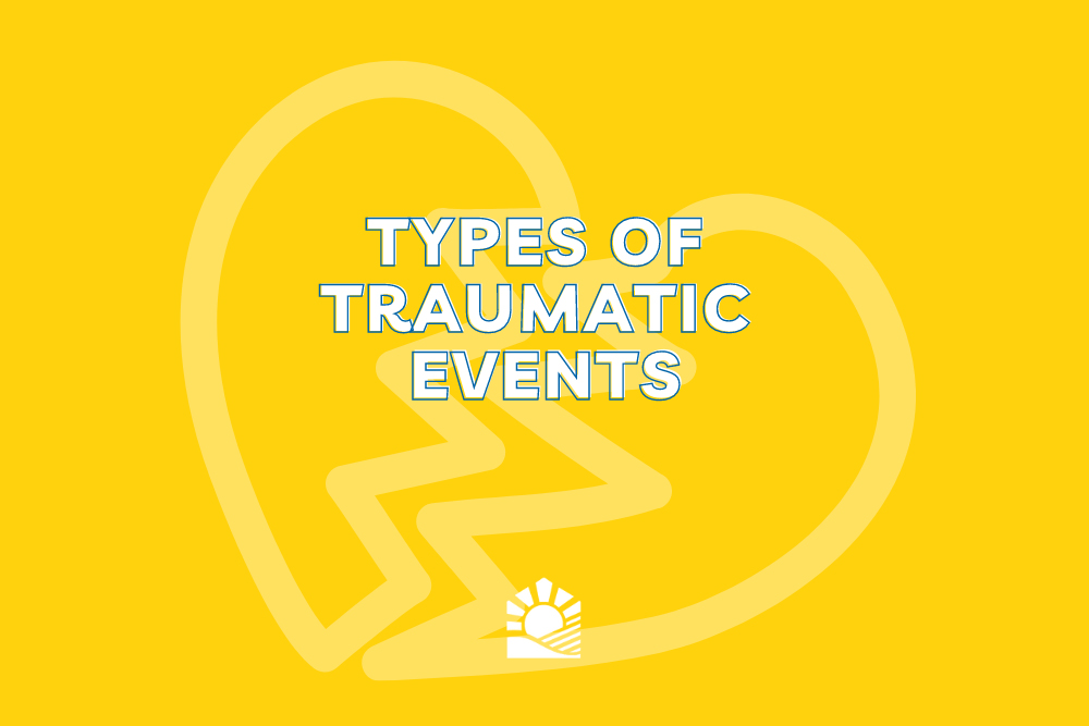 A yellow logo with the phrase 'types of traumatic events' and the Beach House logo in white.