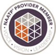 Brown and orange NAATP member badge