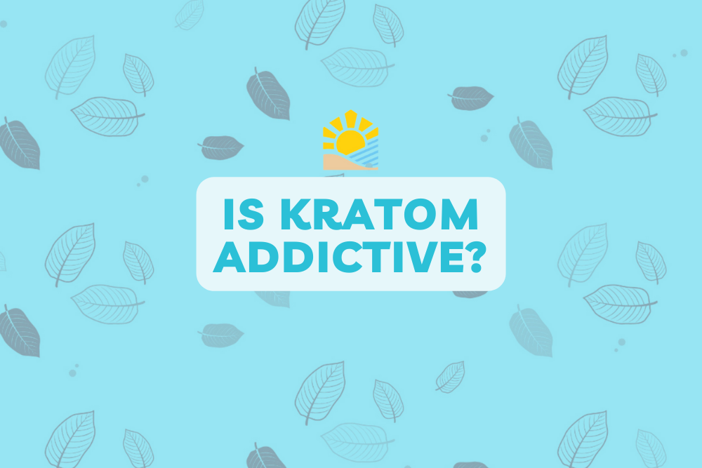 A blue graphic with the question 'Is Kratom Addictive?' There are grey leaves drawn behind it.