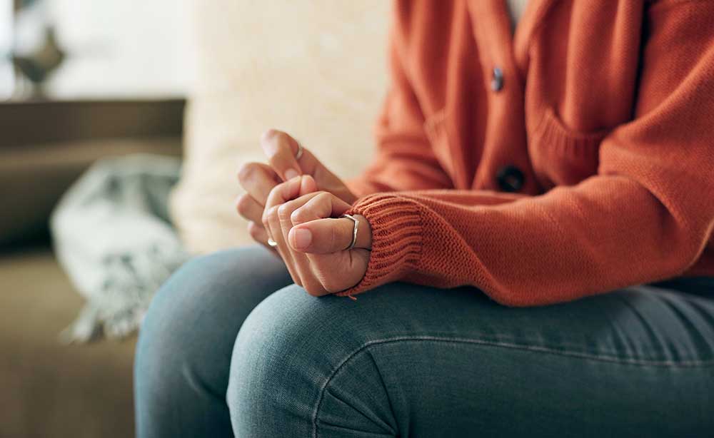 Close up of nervous woman in therapy